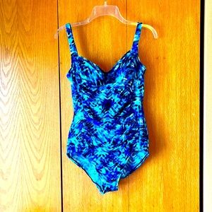 Croft & Barrow slimming size 14 blue shirred one piece maillot swimsuit EUC